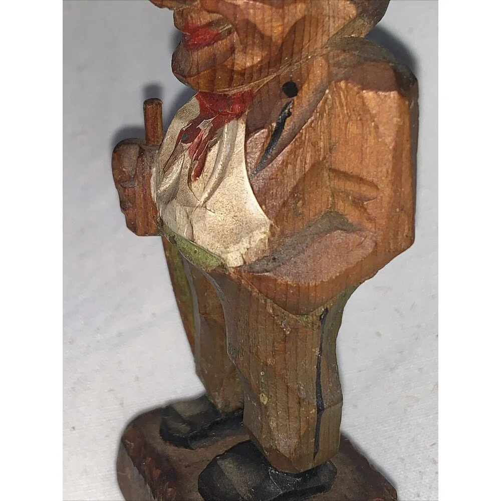 Vintage Hand Carved Wooden Man FolkArt Villager Figurine Top Hat Cane ANRI Style